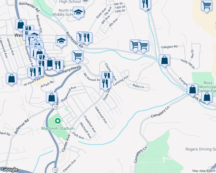 map of restaurants, bars, coffee shops, grocery stores, and more near 348 Center Avenue in Pittsburgh