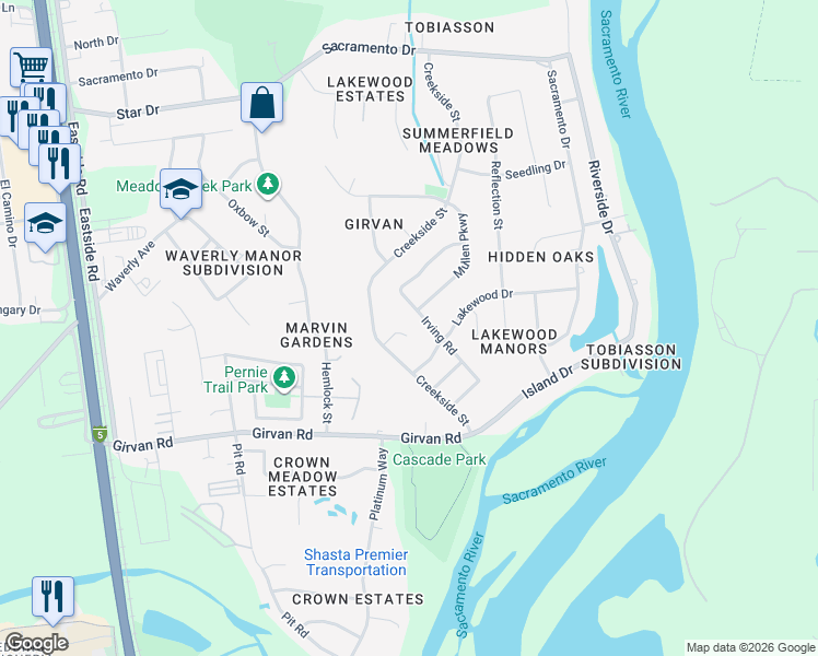 map of restaurants, bars, coffee shops, grocery stores, and more near 2888 Gunn Court in Redding