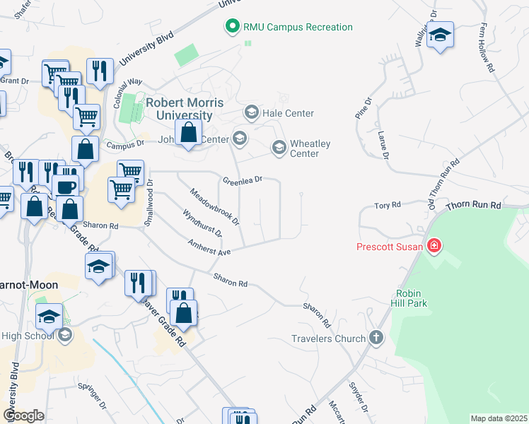 map of restaurants, bars, coffee shops, grocery stores, and more near 112 Cottonwood Court in Carnot-Moon