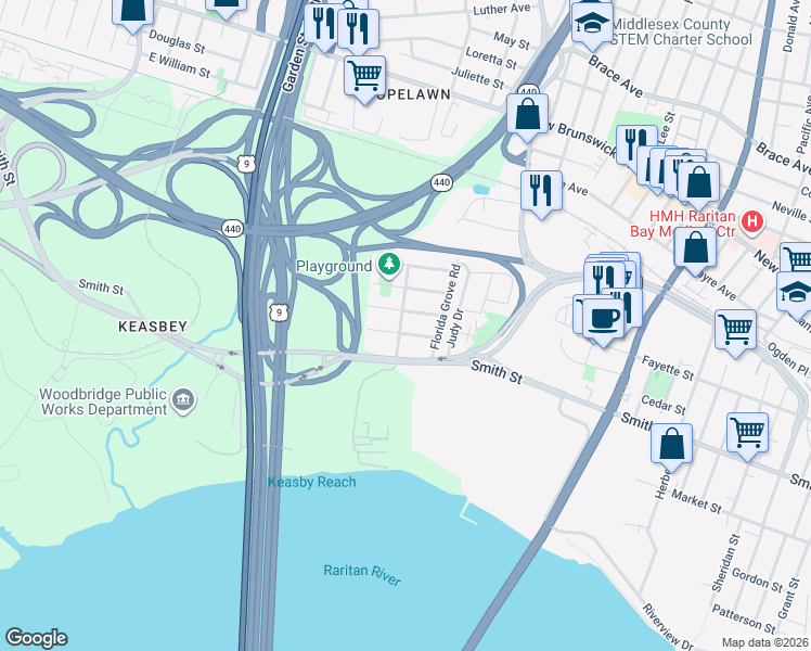 map of restaurants, bars, coffee shops, grocery stores, and more near 24 Highland Avenue in Woodbridge Township