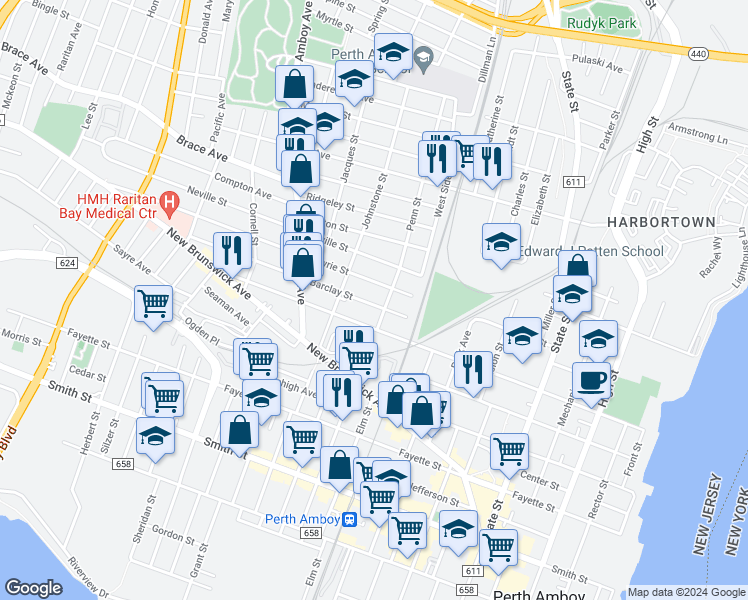 map of restaurants, bars, coffee shops, grocery stores, and more near 294 Barclay Street in Perth Amboy