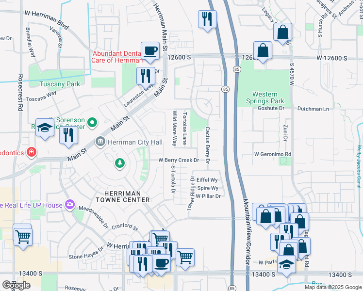 map of restaurants, bars, coffee shops, grocery stores, and more near 12932 Tortoise Lane in Riverton