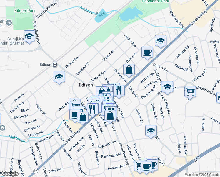 map of restaurants, bars, coffee shops, grocery stores, and more near 151 Prospect Avenue in Edison