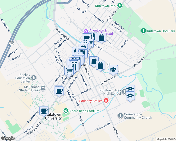 map of restaurants, bars, coffee shops, grocery stores, and more near 56 Noble Street in Kutztown