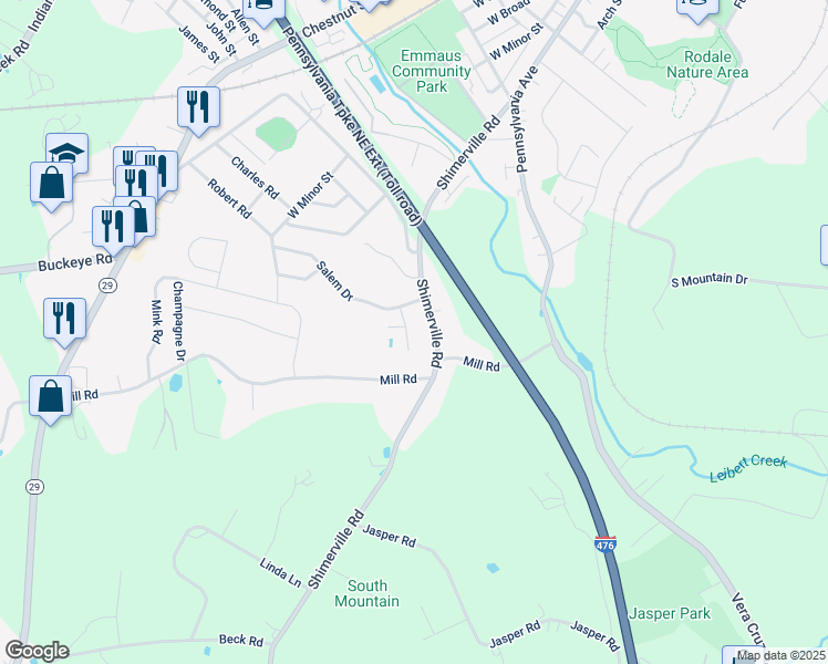 map of restaurants, bars, coffee shops, grocery stores, and more near 4150 Marion Place in Emmaus