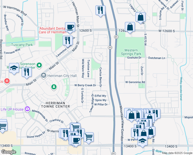 map of restaurants, bars, coffee shops, grocery stores, and more near 12927 South Grindstone Circle in Riverton
