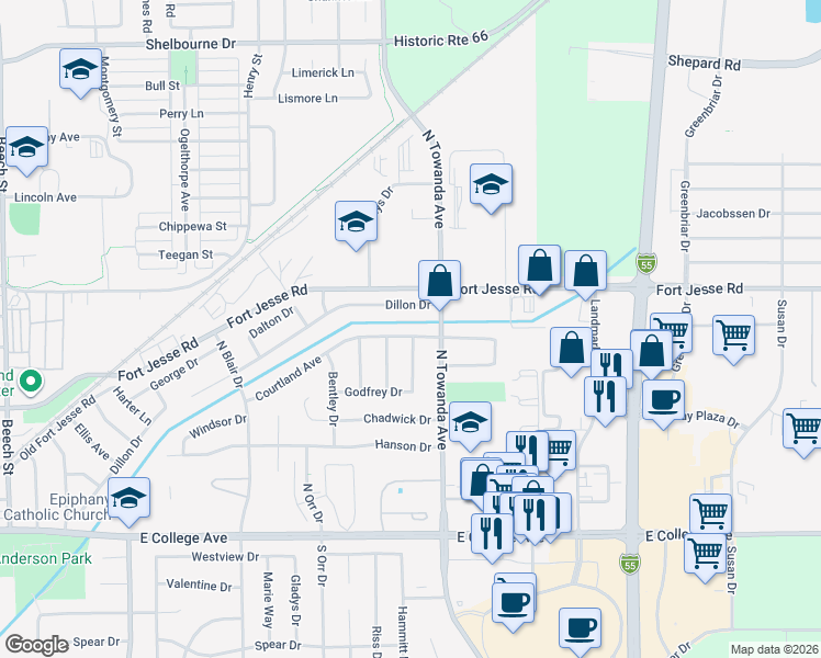 map of restaurants, bars, coffee shops, grocery stores, and more near 1430 Courtland Ave in Normal