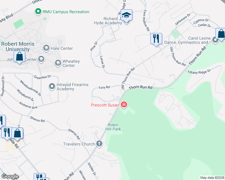 map of restaurants, bars, coffee shops, grocery stores, and more near 105 Tory Road in Coraopolis