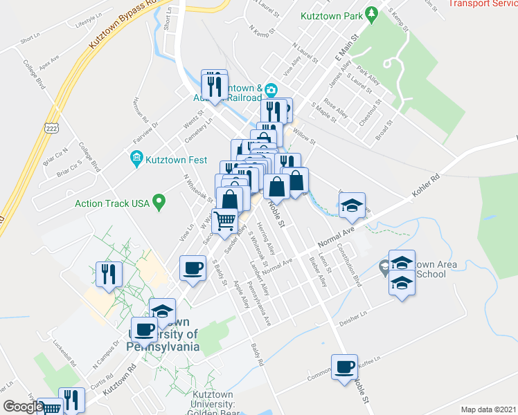 map of restaurants, bars, coffee shops, grocery stores, and more near 236 Sander Alley in Kutztown