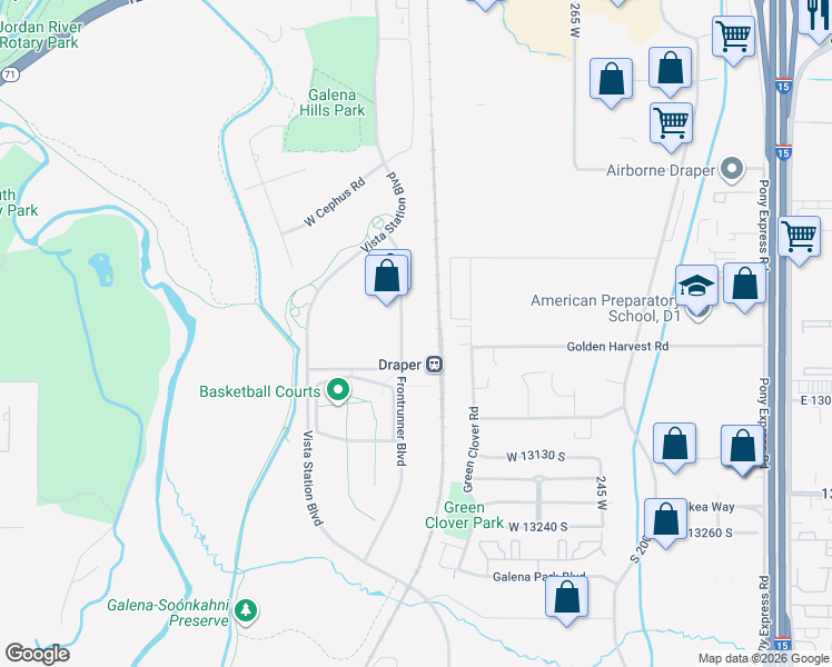 map of restaurants, bars, coffee shops, grocery stores, and more near 12943 Frontrunner Boulevard in Draper