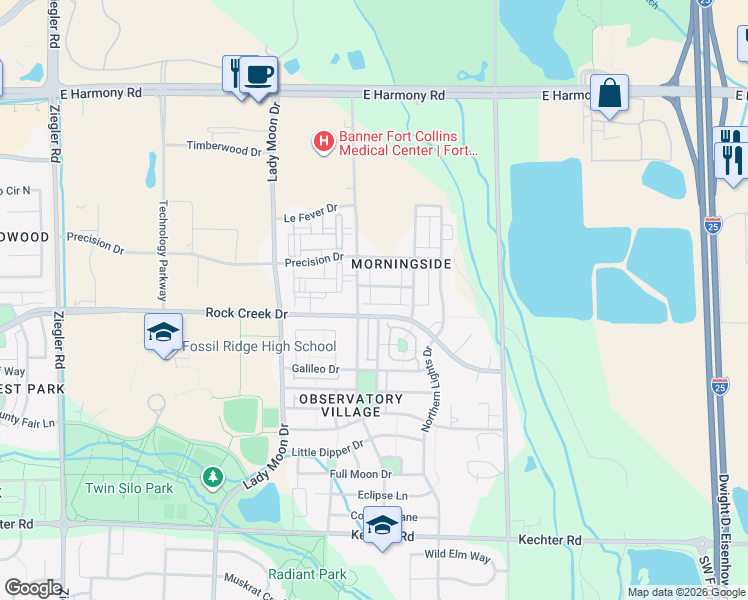 map of restaurants, bars, coffee shops, grocery stores, and more near 3827 Steelhead Street in Fort Collins