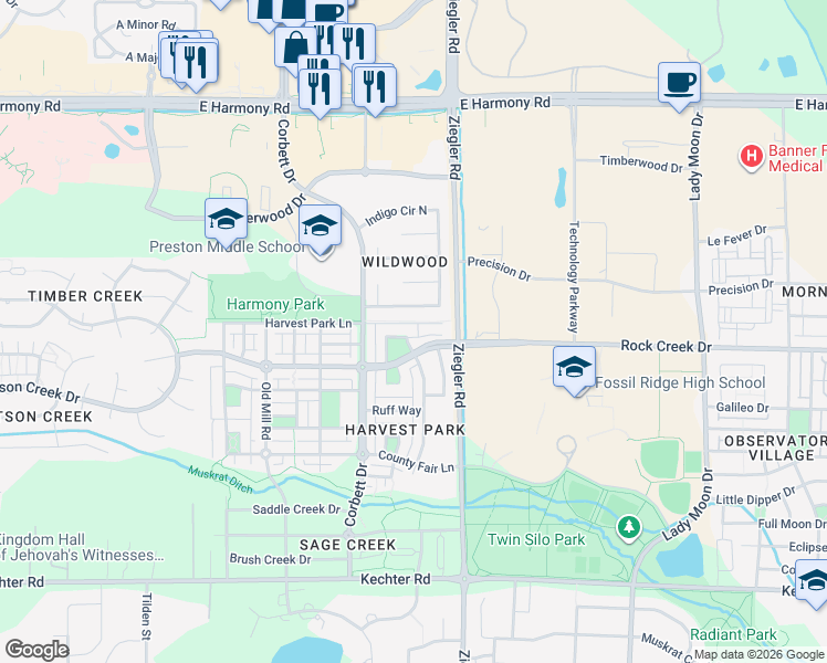 map of restaurants, bars, coffee shops, grocery stores, and more near 2962 Cornerstone Lane in Fort Collins