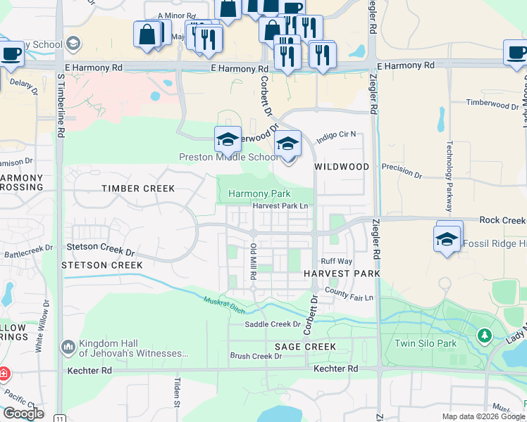 map of restaurants, bars, coffee shops, grocery stores, and more near 2715 Harvest Park Lane in Fort Collins
