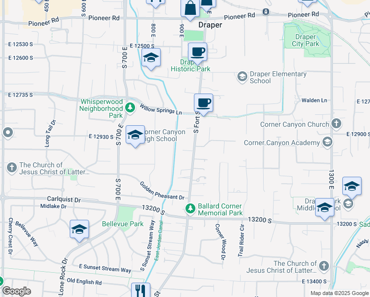 map of restaurants, bars, coffee shops, grocery stores, and more near 12930 South Fort Street in Draper