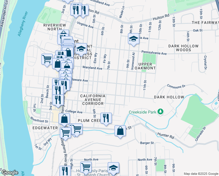 map of restaurants, bars, coffee shops, grocery stores, and more near 425 8th Street in Oakmont