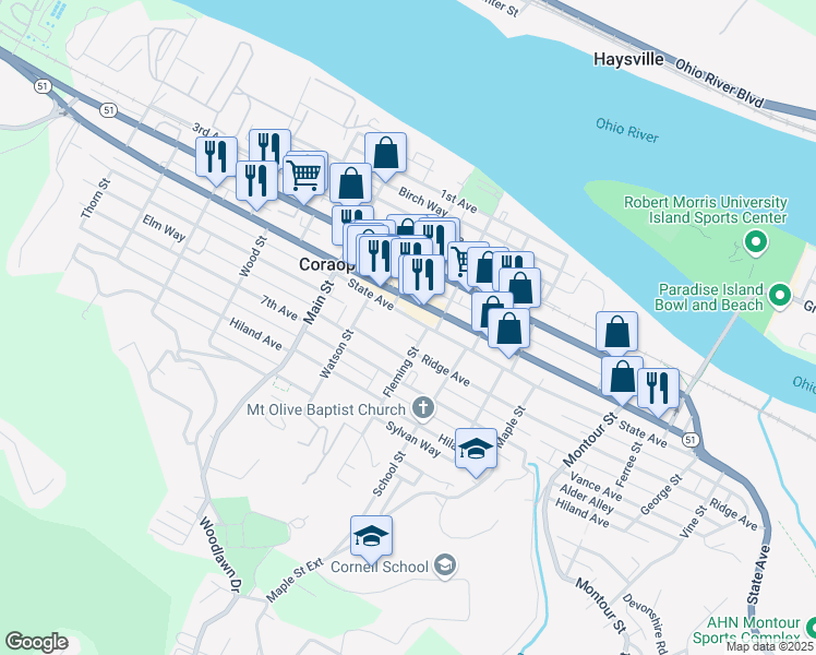 map of restaurants, bars, coffee shops, grocery stores, and more near 1034 State Avenue in Coraopolis