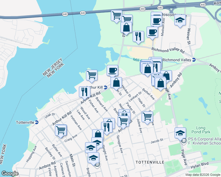 map of restaurants, bars, coffee shops, grocery stores, and more near 5142 Arthur Kill Road in Staten Island