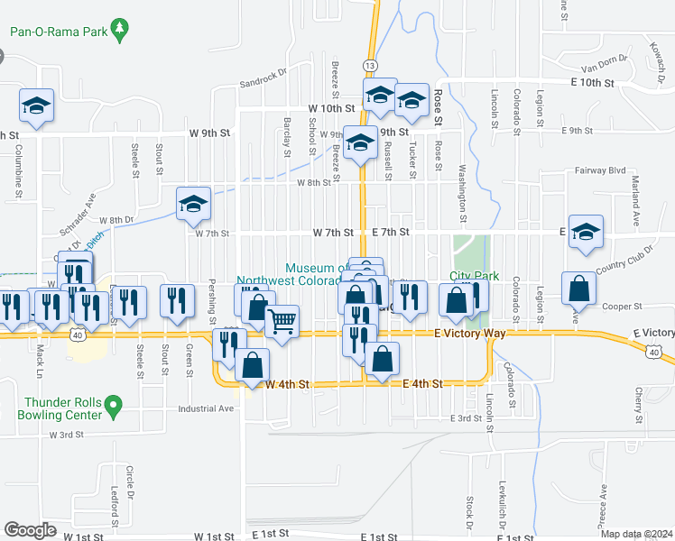 map of restaurants, bars, coffee shops, grocery stores, and more near 625 Breeze Street in Craig