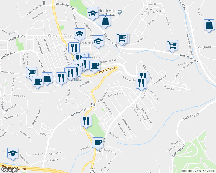 map of restaurants, bars, coffee shops, grocery stores, and more near 328 Ridgewood Avenue in Pittsburgh