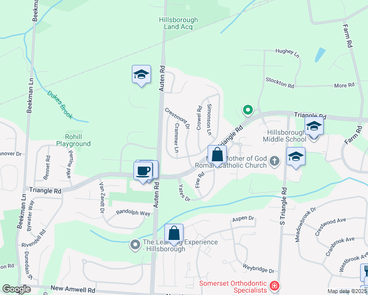 map of restaurants, bars, coffee shops, grocery stores, and more near 24 Crestmont Drive in Somerset County