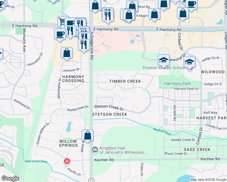 map of restaurants, bars, coffee shops, grocery stores, and more near 2243 Smallwood Drive in Fort Collins
