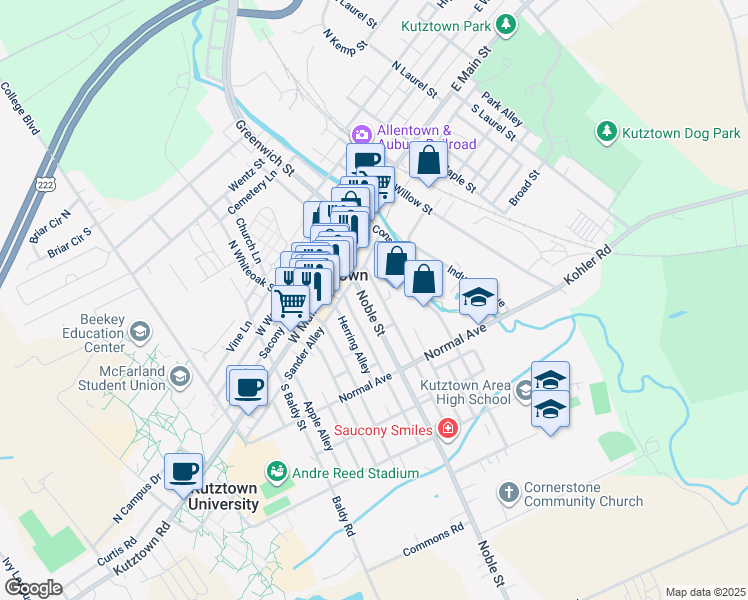 map of restaurants, bars, coffee shops, grocery stores, and more near 56 Noble Street in Kutztown