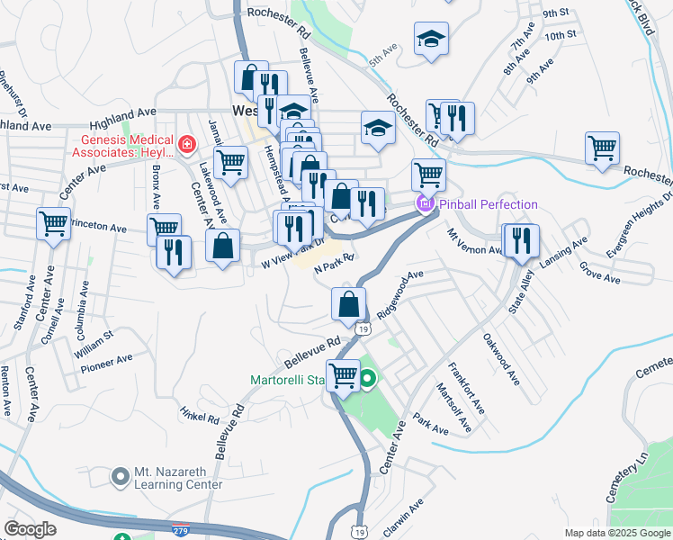 map of restaurants, bars, coffee shops, grocery stores, and more near 34 North Park Road in Pittsburgh