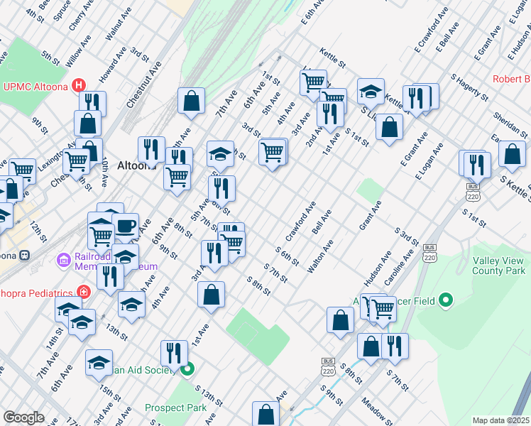 map of restaurants, bars, coffee shops, grocery stores, and more near 501 2nd Avenue in Altoona