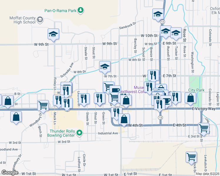 map of restaurants, bars, coffee shops, grocery stores, and more near 634 Pershing Street in Craig