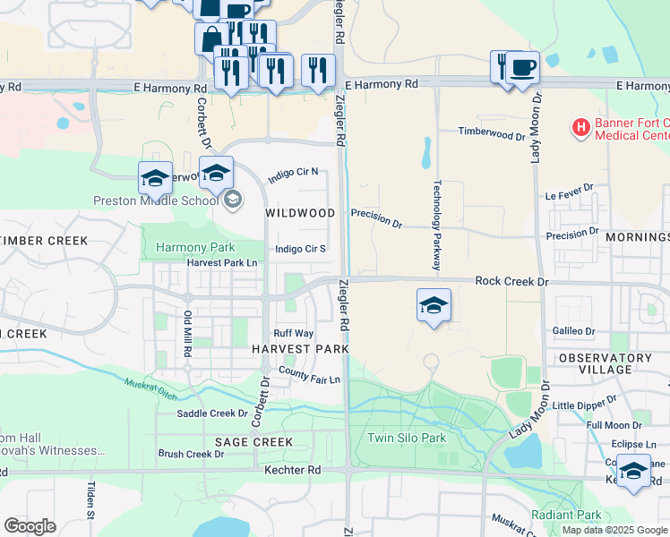 map of restaurants, bars, coffee shops, grocery stores, and more near 3038 Rock Creek Drive in Fort Collins