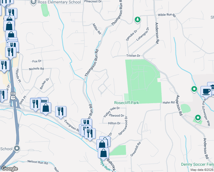 map of restaurants, bars, coffee shops, grocery stores, and more near 221 Woodbridge Court in Pittsburgh