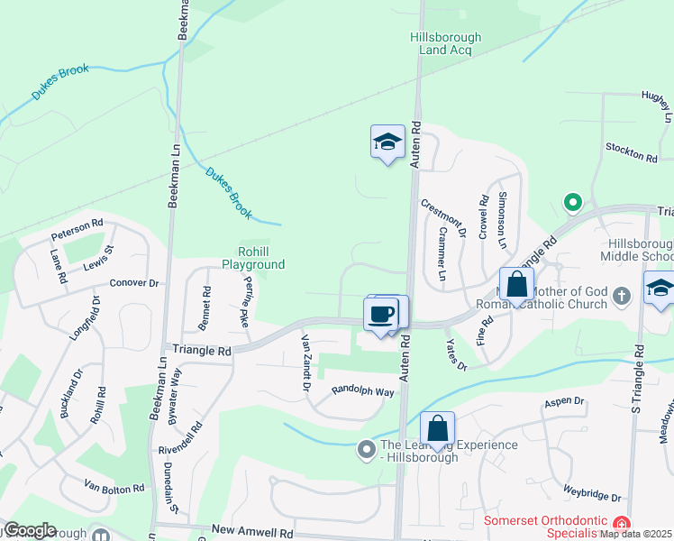 map of restaurants, bars, coffee shops, grocery stores, and more near 20 Wyckoff Way in Hillsborough Township