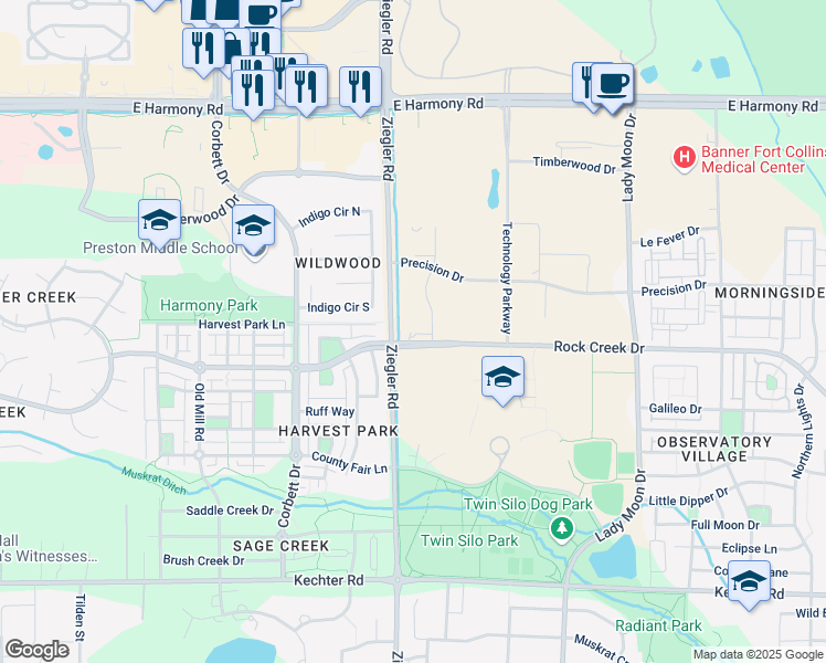 map of restaurants, bars, coffee shops, grocery stores, and more near 3150 Rock Creek Drive in Fort Collins