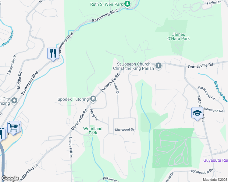 map of restaurants, bars, coffee shops, grocery stores, and more near 8 Crest Drive in Pittsburgh