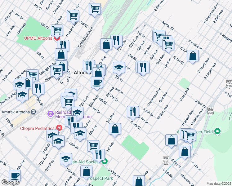 map of restaurants, bars, coffee shops, grocery stores, and more near 608 4th Avenue in Altoona