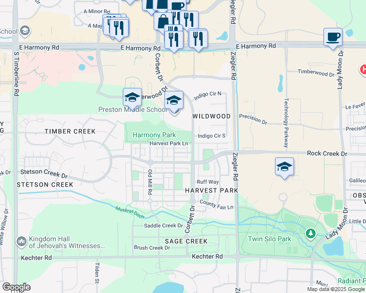 map of restaurants, bars, coffee shops, grocery stores, and more near 5109 Corbett Drive in Fort Collins