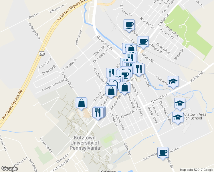 map of restaurants, bars, coffee shops, grocery stores, and more near 307 West Walnut Street in Kutztown