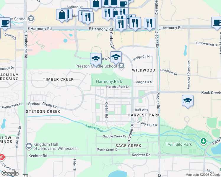 map of restaurants, bars, coffee shops, grocery stores, and more near 2715 Harvest Park Lane in Fort Collins