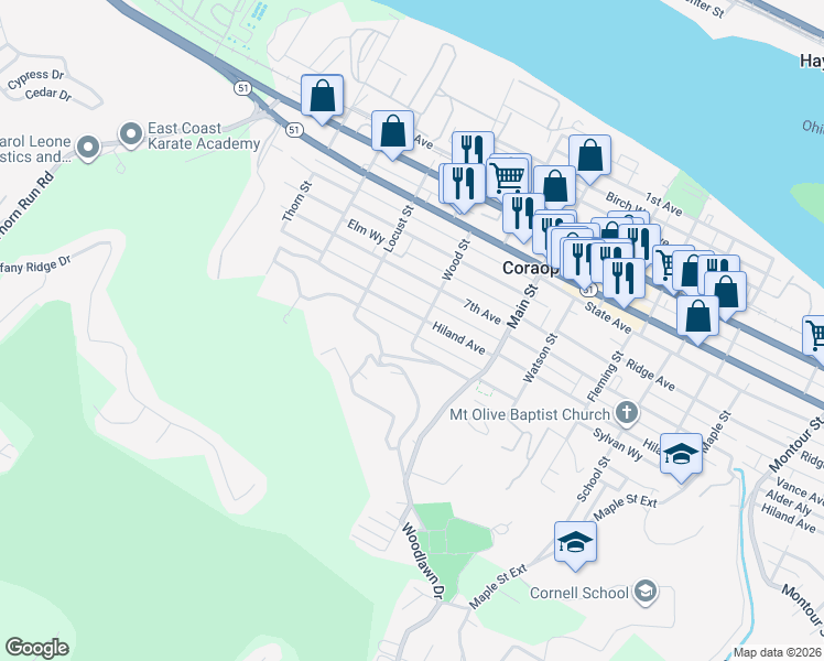 map of restaurants, bars, coffee shops, grocery stores, and more near 810 Wood Street in Coraopolis