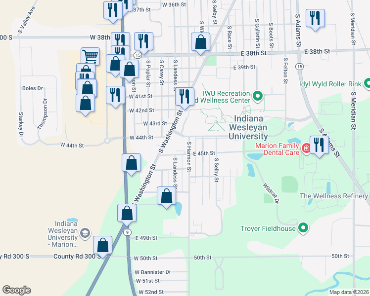 map of restaurants, bars, coffee shops, grocery stores, and more near 4416 South Harmon Street in Marion