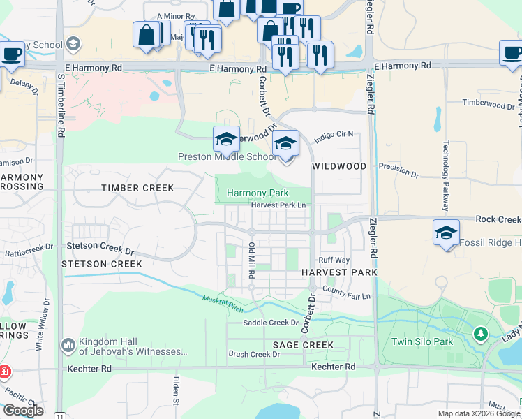 map of restaurants, bars, coffee shops, grocery stores, and more near 2715 Harvest Park Lane in Fort Collins