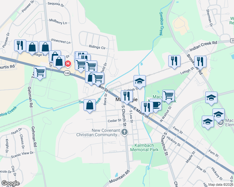map of restaurants, bars, coffee shops, grocery stores, and more near 21 West Main Street in Macungie