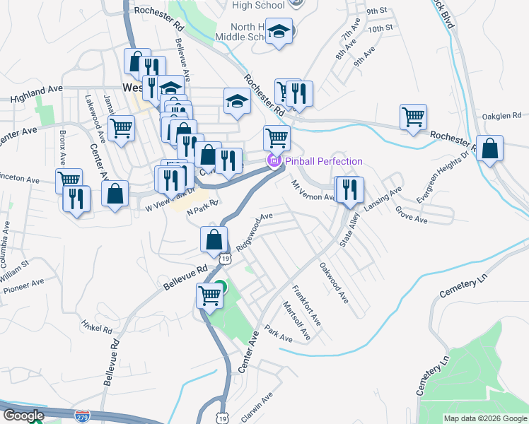 map of restaurants, bars, coffee shops, grocery stores, and more near 310 Ridgewood Avenue in Pittsburgh
