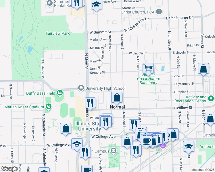 map of restaurants, bars, coffee shops, grocery stores, and more near 607 Normal Avenue in Normal