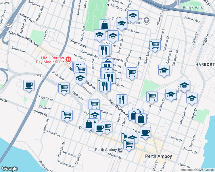 map of restaurants, bars, coffee shops, grocery stores, and more near 436 Amboy Avenue in Perth Amboy