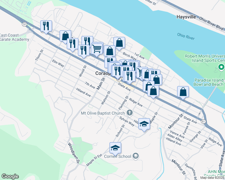 map of restaurants, bars, coffee shops, grocery stores, and more near 635 Watson Street in Coraopolis