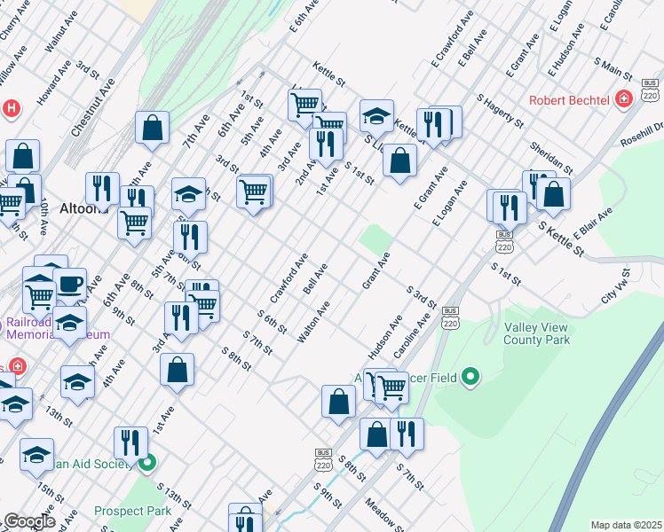 map of restaurants, bars, coffee shops, grocery stores, and more near 321 Bell Avenue in Altoona