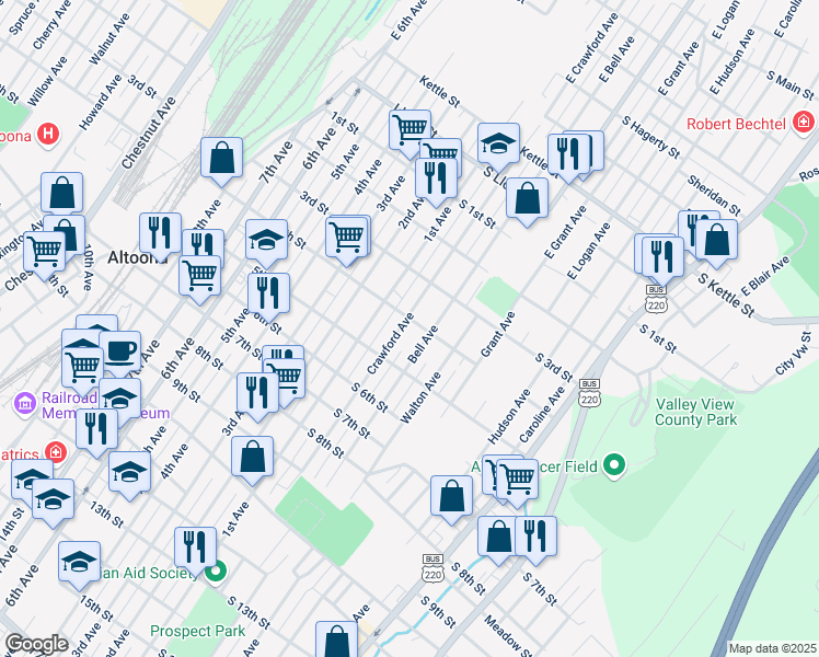 map of restaurants, bars, coffee shops, grocery stores, and more near 405 Crawford Ave in Altoona