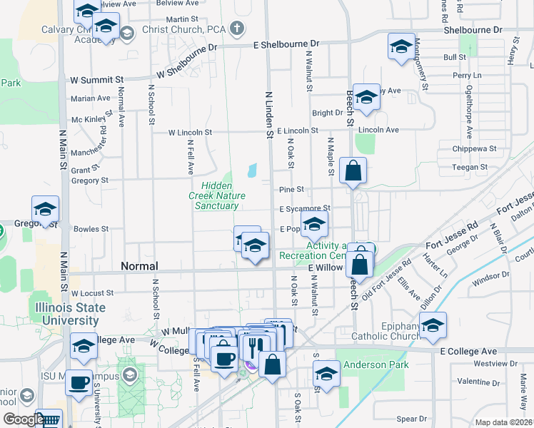 map of restaurants, bars, coffee shops, grocery stores, and more near 707 North Linden Street in Normal