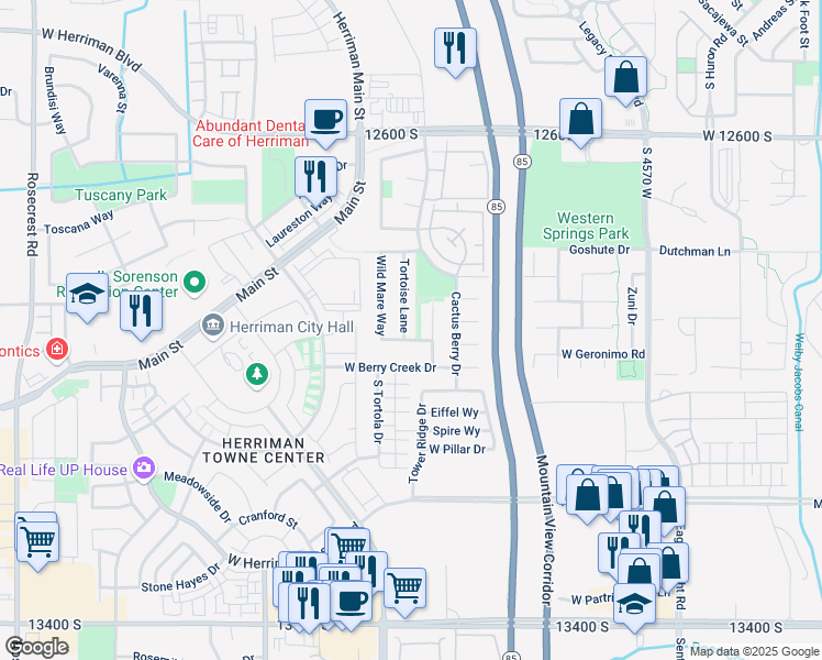 map of restaurants, bars, coffee shops, grocery stores, and more near 12921 Tortoise Lane in Riverton